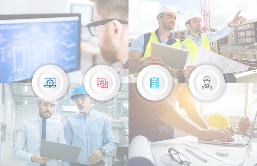 Four photos and icons representing engineer, detailer, fabricator, and erector
